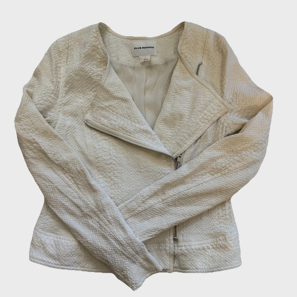 Club Monaco Off White Moto Jacket Size Small Petite Snakeskin Textured Full Zip - Picture 1 of 5